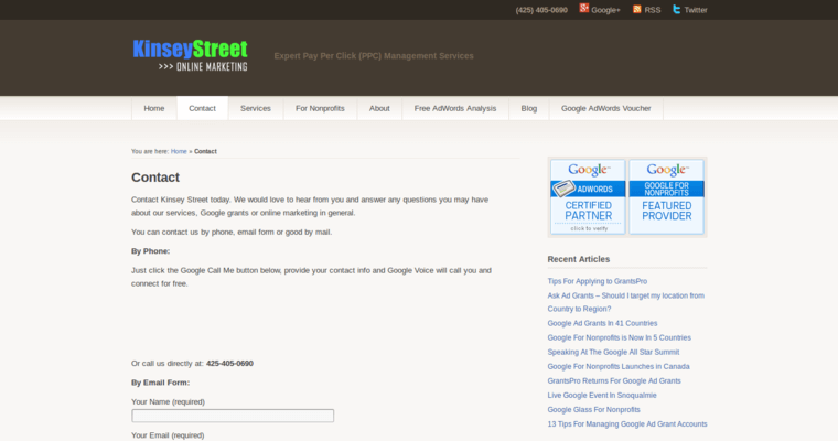 Contact page of #4 Leading Facebook PPC Business: KineyStreet