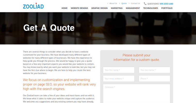 Quote page of #2 Best Facebook Pay-Per-Click Agency: Zooliad