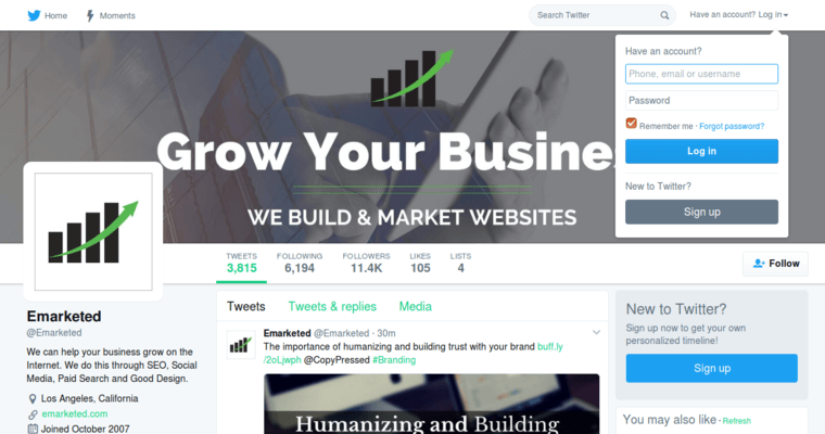 Twitter page of #7 Best Los Angeles Pay Per Click Company: Emarketed