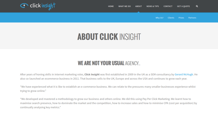 About page of #7 Best LinkedIn PPC Agency: Click Insight