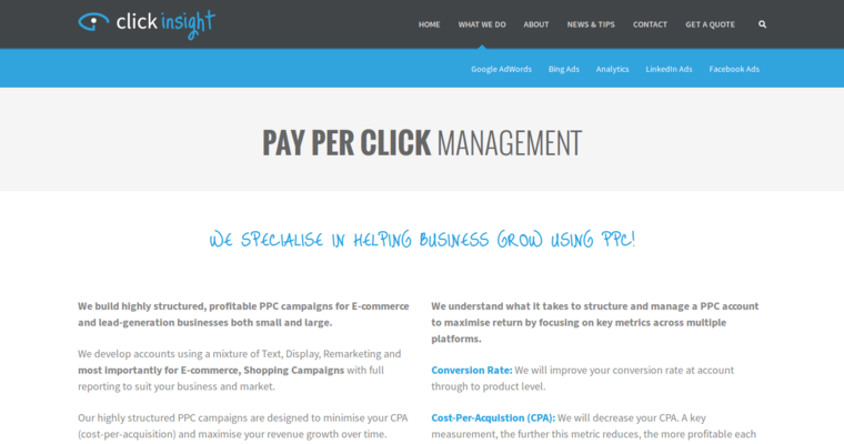 Service page of #7 Top LinkedIn PPC Business: Click Insight