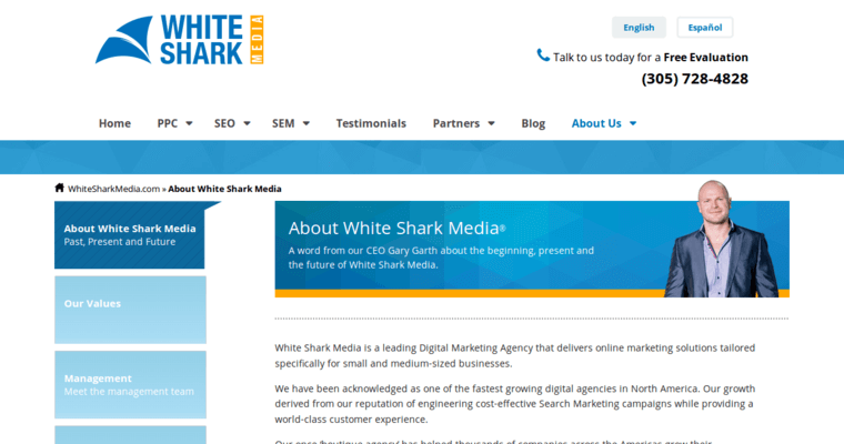 About page of #5 Top Miami Pay Per Click Business: White Shark Media