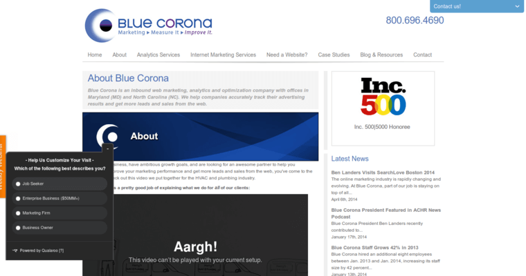 About page of #1 Best Remarketing Pay-Per-Click Agency: Blue Corona