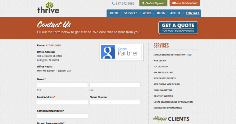 Contact page of #3 Leading Twitter Pay Per Click Management Company: Thrive Web Marketing