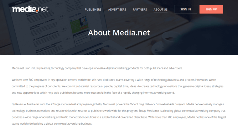 About page of #3 Leading Yahoo PPC Company: Media.net