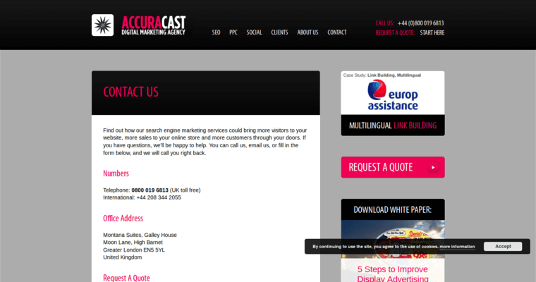 Contact page of #10 Leading Youtube PPC Agency: AccuraCast