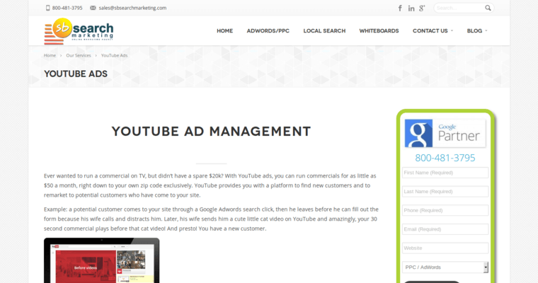 Home page of #9 Best Youtube Pay-Per-Click Agency: SB Search Marketing