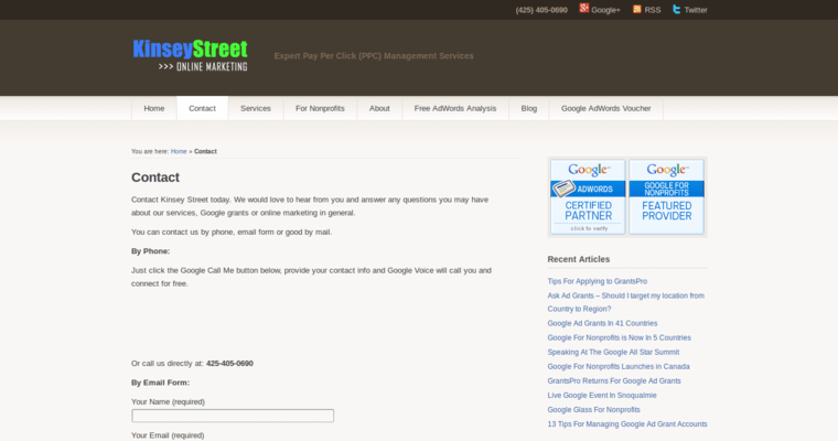 Contact page of #3 Best Facebook PPC Agency: KineyStreet