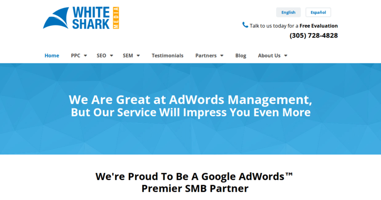Home page of #5 Best Miami Pay Per Click Firm: White Shark Media