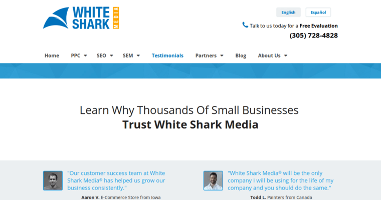 Testimonials page of #5 Best Miami PPC Agency: White Shark Media