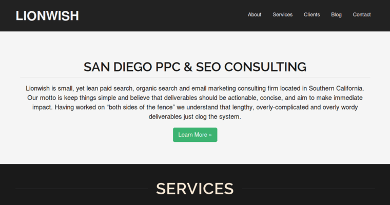 Home page of #8 Best San Diego PPC Firm: Lionwish