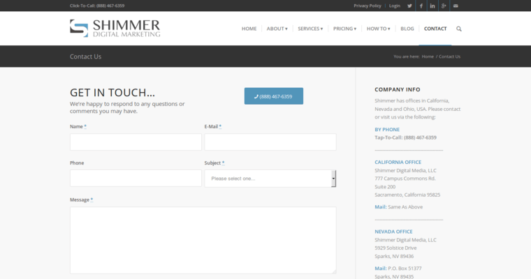 Contact page of #3 Leading LinkedIn Pay-Per-Click Agency: Shimmer